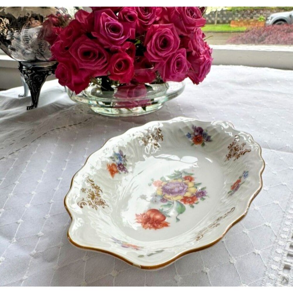Schumann Bavaria Serving Bowl Gilt Dresden Floral Oval Scalloped Porcelain - Picture 11 of 14